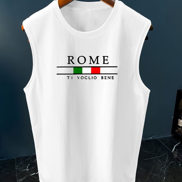 100% Pure Cotton Men's Summer Casual Sports Fitness Loose ROME Pattern Printed Breathable Round Neck Sleeveless Vest_viptrois.com
