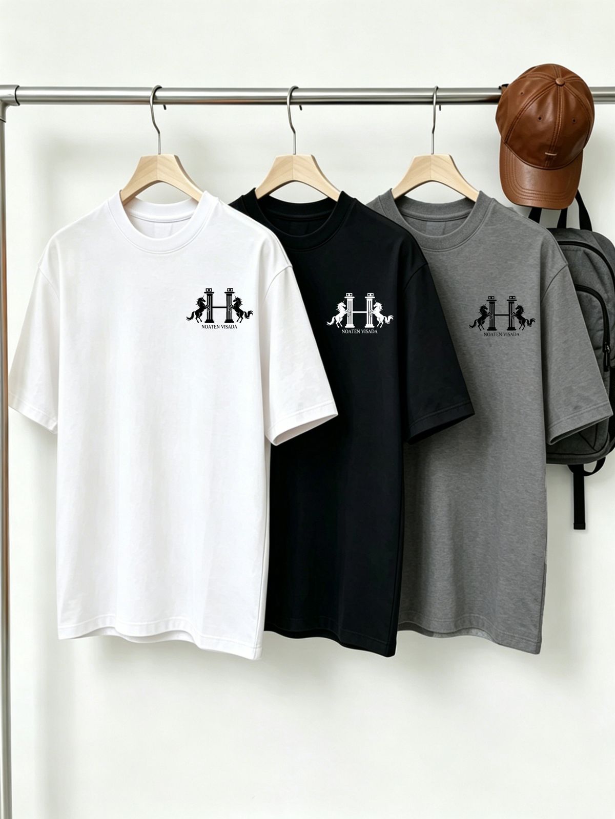 100% Cotton Men's 3-Pack T-shirts Heraldic Twin Horses With H Monogram Print Crew Neck Short Sleeve Casual Tops In Black White Gray_viptrois.com