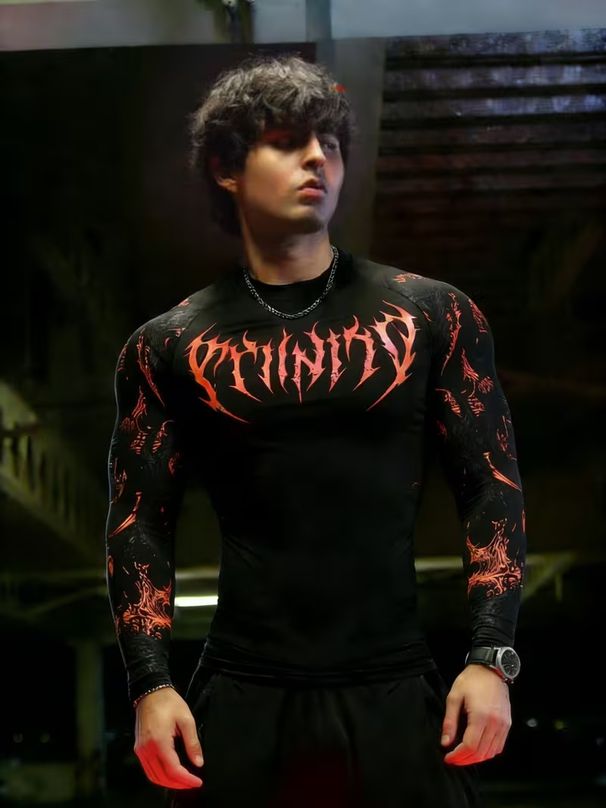 Men's Gym Training Compression Shirt Long Sleeve Moisture Wicking Workout Top Purgatory Print High Elasticity Fitness T-Shirt_viptrois.com