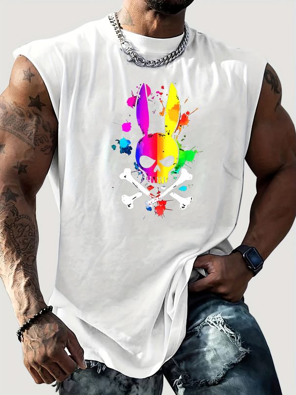 100% Pure Cotton Men's Summer Casual Sports Fitness Loose Skeleton Rabbit Pattern Printed Breathable Round Neck Sleeveless Vest_viptrois.com