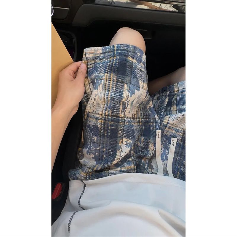 Men's Summer Tie Dye Plaid Shorts Trendy Casual Five-Point Pants Loose Straight Leg Beach Wear_viptrois.com