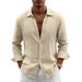 Men's Spring Linen Long Sleeve Shirt, Casual Solid Color Lapel Lightweight Open Front Blouse, Versatile Breathable Relaxed Fit Shacket_viptrois.com