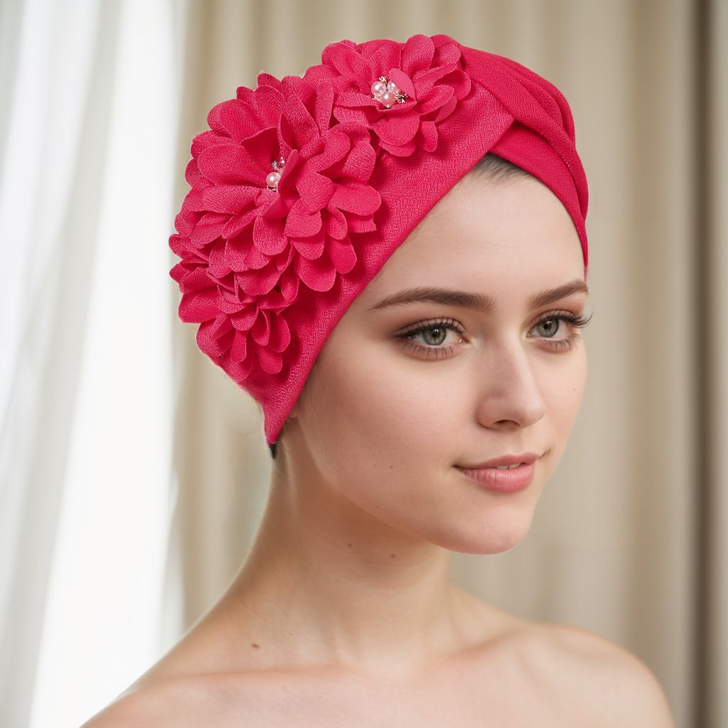 New Pleated Watermelon Hat With Three Flowers On Messy Linen Patch Fashionable Baotou Hat Jianying Hat_viptrois.com