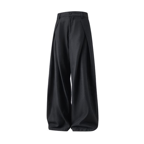 K Folded Design Texture Casual Pants For Men, Loose Hanging Straight Leg Trousers, Retro Silhouette Long Pants_viptrois.com