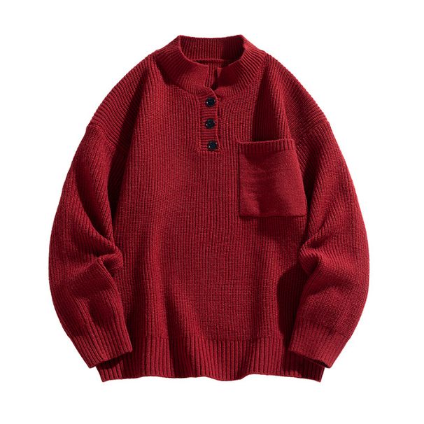 Shanggu Men's Half High Collar Button Curled Edge Flat Loose Lazy Casual Outerwear Knitted Versatile Sweater For Men_viptrois.com