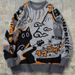 Cartoon Cat Jacquard Sweater – Oversized Unisex Knit Pullover (Blue/Grey/Brown, XS-XXL)_viptrois.com
