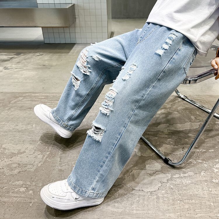 Cross Border Wholesale Boys Summer Thin Ripped Jeans New Style Medium And Large Children's Korean Style Casual Straight Pants Korean Style_viptrois.com