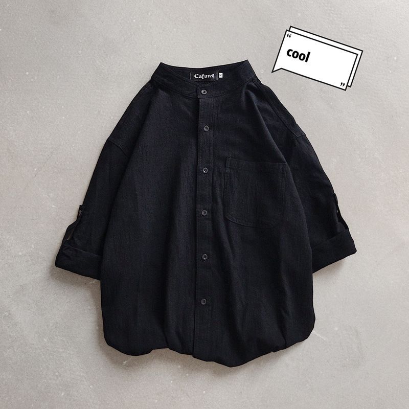 Men's Trendy Stand Up Collar Shirt Style Black And White Casual Long Sleeved Jacket Three Quarter Sleeve Handsome Summer_viptrois.com