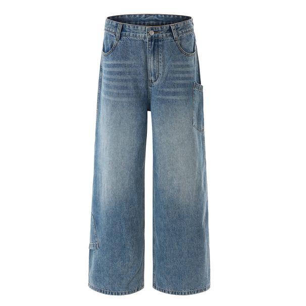 American High Street Washed Faded Loose Jeans For Men Cleanfit Pocket Design Cargo Wide Leg Pants_viptrois.com