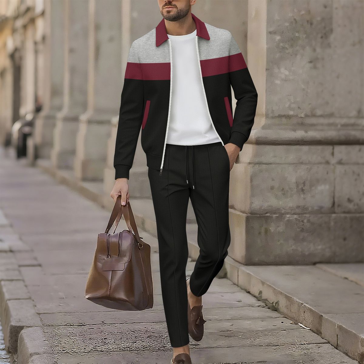 Men's Clothing Jacket Men's Autumn Waffle Colorblock Zipper Pocket Lapel Slim Cardigan Men's Jacket Suit_viptrois.com