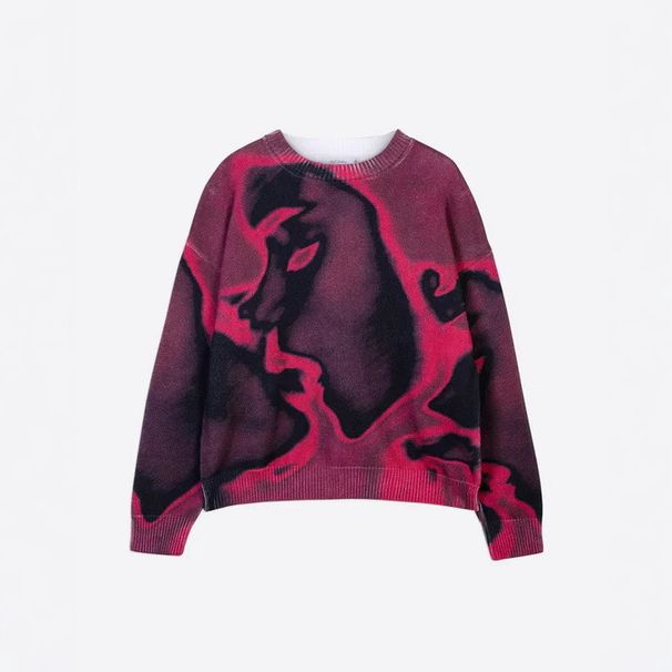 Men's Clothing Spring New European And American Retro Harajuku 3D Printing Thick Needle Round Neck Sweater Sweater Unisex Y2K Loose_viptrois.com