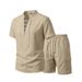 Men's Linen Wash Workwear Set Wash And Wrinkle Resistant Lace Up Casual Two Piece Set Summer Stand Up Collar Short Sleeved_viptrois.com