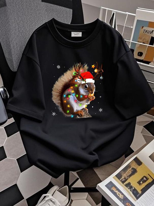 Funny Squirrel Christmas Reindeer Christmas Lights Pajama T-Shirt Summer Unisex Comfortable Fashion Homme Top For Everyday Wear Graphic Soft_viptrois.com
