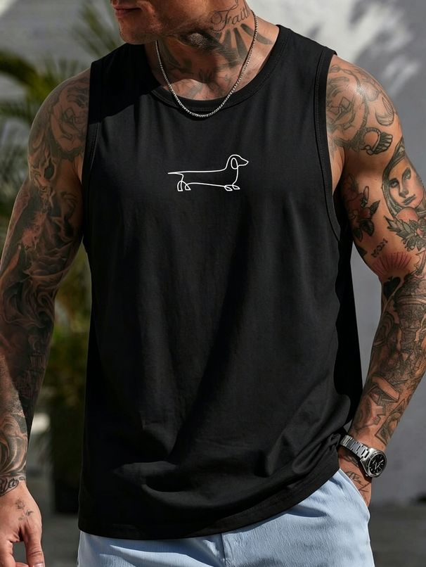 Canotta Uomo Girocollo 100% Cotone Stampa Bassotto Morbida Traspirante Senza Maniche Fitness Casual Primavera Estate Multicolore_viptrois.com