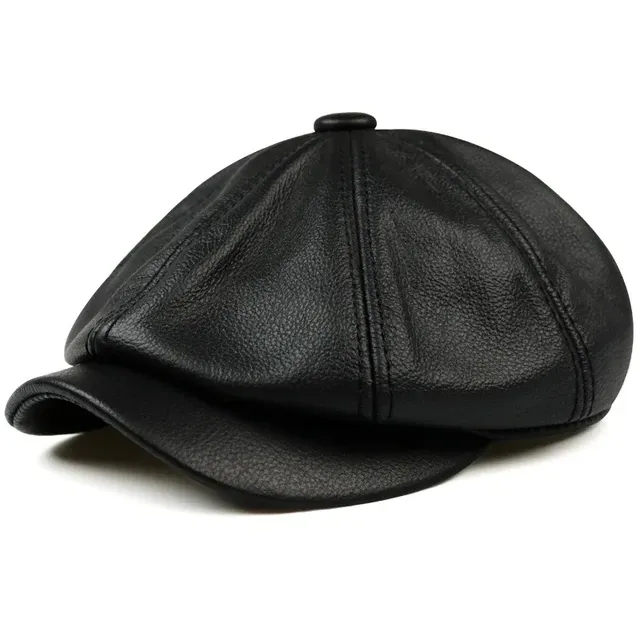New Arrivals Hats Men 2024 Winter 100% Genuine Leather Warm Cap Male Beret Painter Boina Cowhide Octagonal High Quality Streetwear_viptrois.com