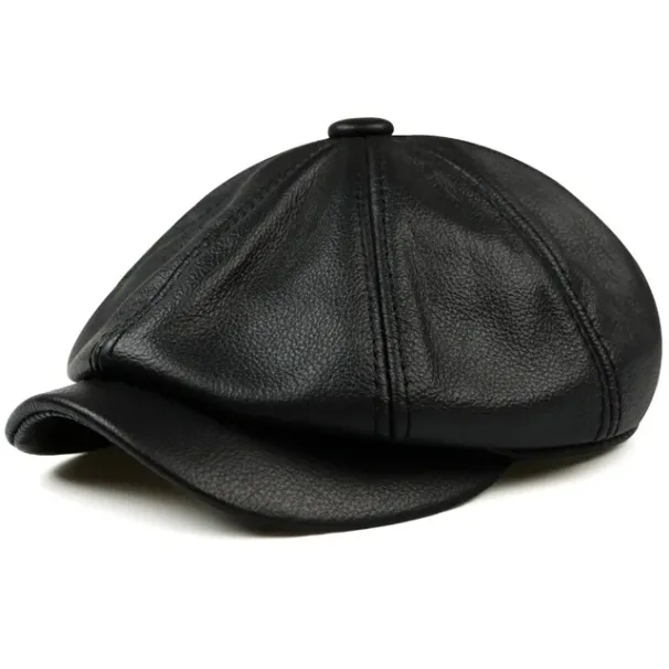 New Arrivals Hats Men 2024 Winter 100% Genuine Leather Warm Cap Male Beret Painter Boina Cowhide Octagonal High Quality Streetwear_viptrois.com