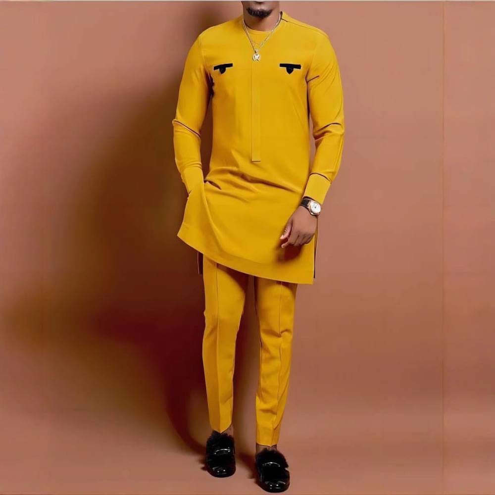 Men's Clothing Ethnic Style Men's Casual Suit Suit Printed Shirt And Pants 2 Piece Suit_viptrois.com