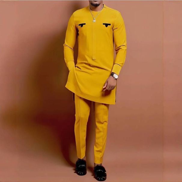 Men's Clothing Ethnic Style Men's Casual Suit Suit Printed Shirt And Pants 2 Piece Suit_viptrois.com