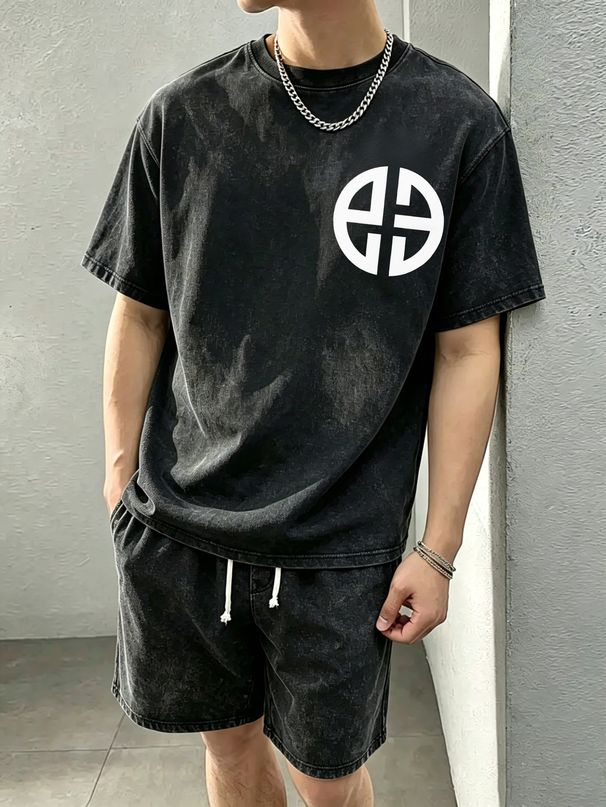 230g Vintage Washed Men Casual Tee White Round Split Cross Geometric Symbol Logo Print Short Sleeve Loose Daily Street Tshirt_viptrois.com