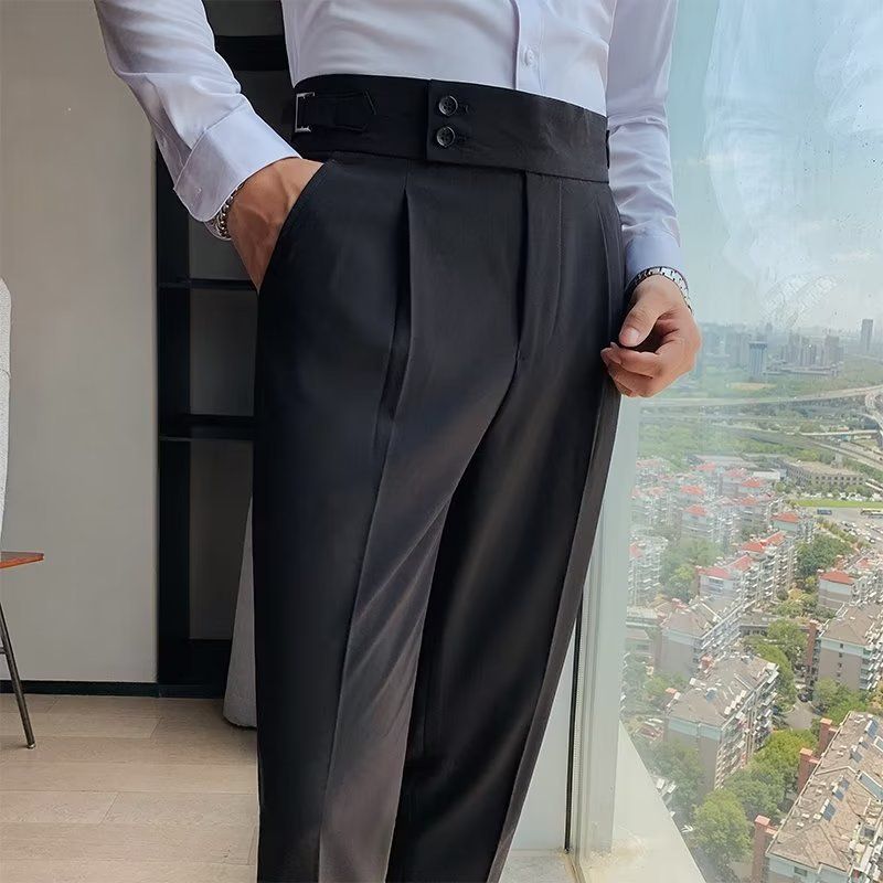 Men's Clothing Slim Fitting Pants Autumn Retro High Waist Business Solid Color Straight Casual Trousers_viptrois.com