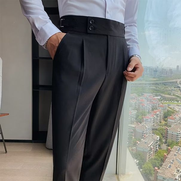 Men's Clothing Slim Fitting Pants Autumn Retro High Waist Business Solid Color Straight Casual Trousers_viptrois.com