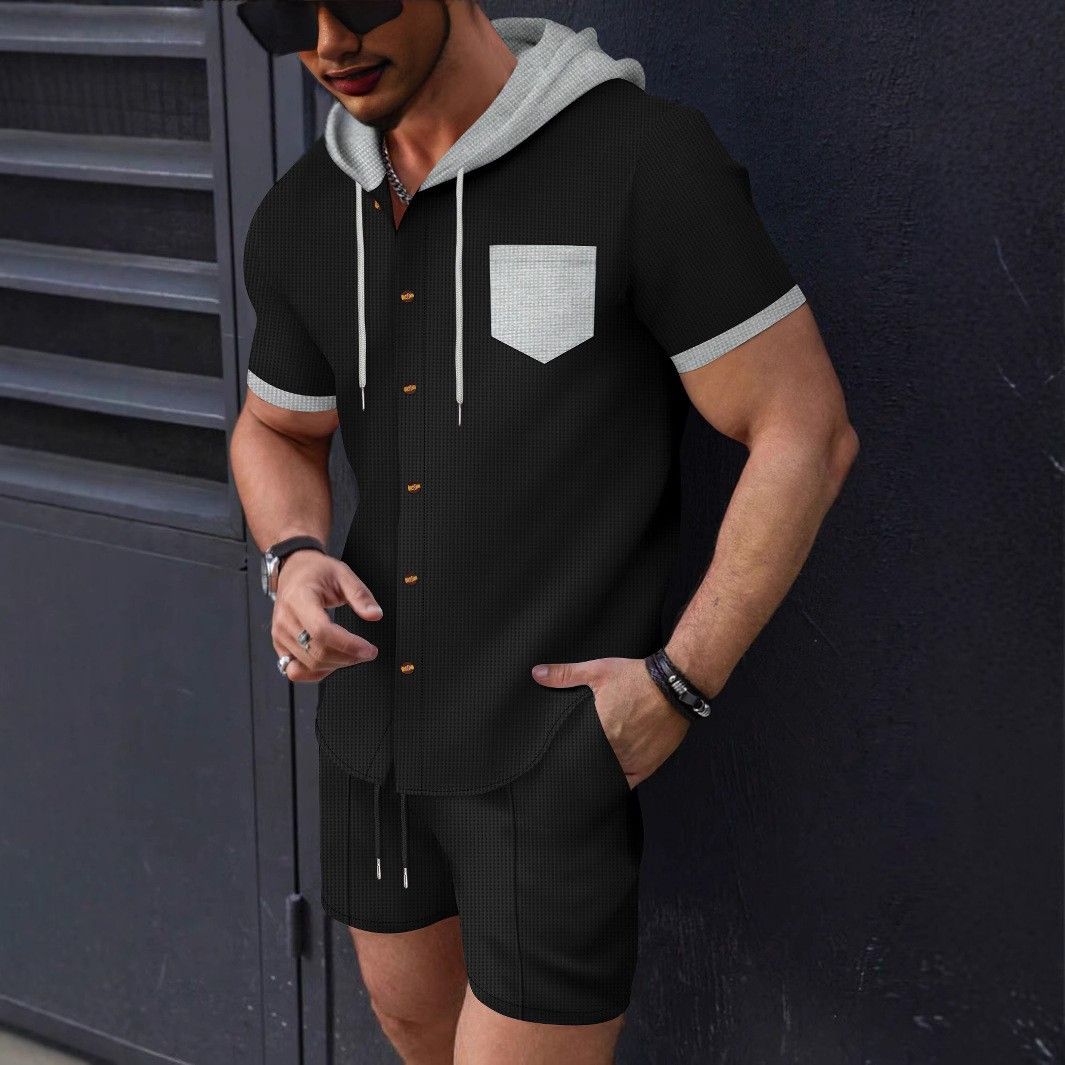 Men's Clothing New Waffle Men's Hooded Color Matching Short Sleeved Cardigan Casual Jacket Shorts Suit_viptrois.com