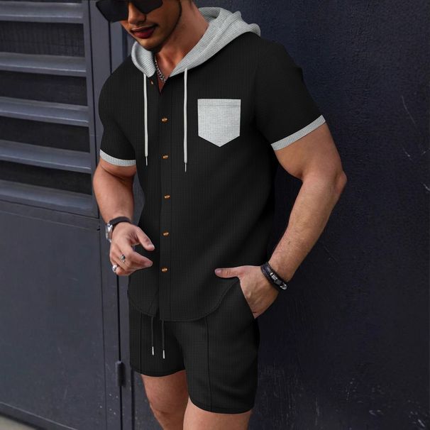 Men's Clothing New Waffle Men's Hooded Color Matching Short Sleeved Cardigan Casual Jacket Shorts Suit_viptrois.com