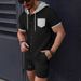 Men's Clothing New Waffle Men's Hooded Color Matching Short Sleeved Cardigan Casual Jacket Shorts Suit_viptrois.com