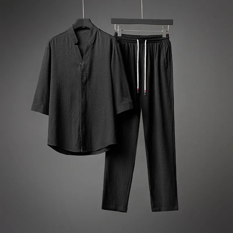 Men's Clothing Summer Thin Five Point Sleeve Casual Ice Silk Suit Men's Two Piece Suit Large Size Loose Mid Sleeve T Shirt Sports_viptrois.com