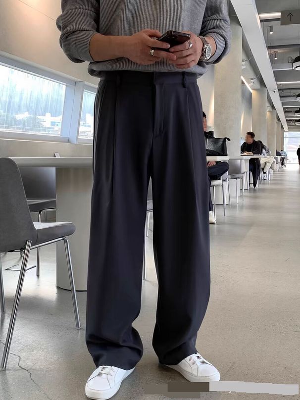 Men's Clothing High End Loose Straight Leg Floor Length Trousers With Elastic Back Suit Trousers Suit Trousers_viptrois.com