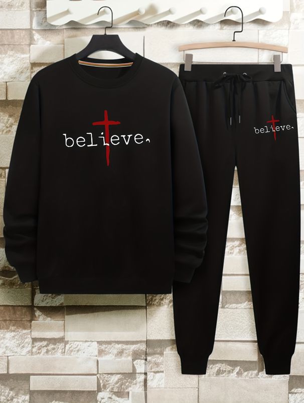 Men's Autumn And Winter Casual Warm Red Cross Believe Letter Print Loose Thick Velvet Round Neck Sports Shirt+sports Pants Set_viptrois.com