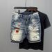 Men's Clothing Ripped Denim Shorts Men's Trendy Brand Personality Scraped Beggars Shorts Loose Large Size Breeches Summer Thin_viptrois.com
