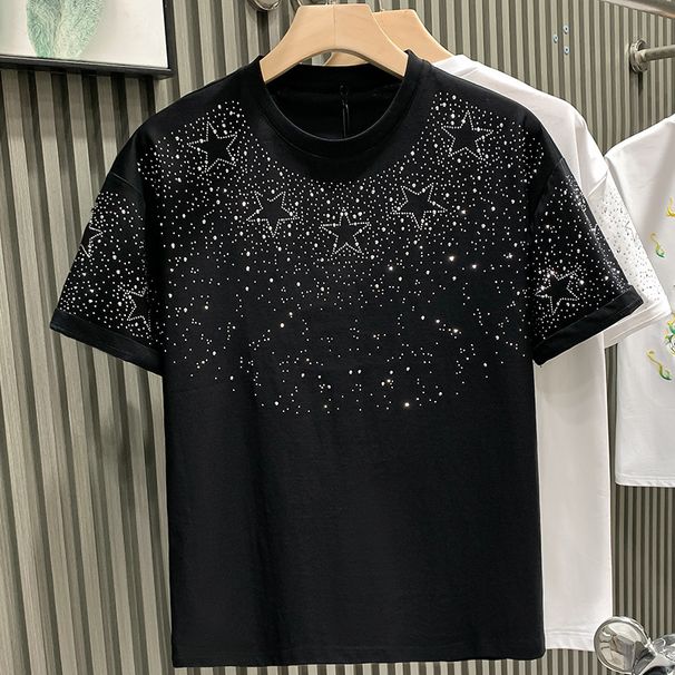 Men's Clothing T Shirt Men's Ins Trendy Brand European And American Hip Hop Korean Version Of Hot Diamond Round Neck Half Sleeved Top Clothes Trendy_viptrois.com