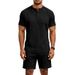 Men's Retro Short Sleeve Henley & Shorts Set, Breathable Jacquard Knit Two-Piece Outfit For Casual Summer Style_viptrois.com
