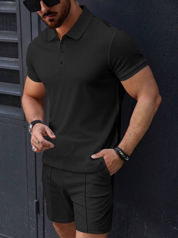 Men's Clothing Summer Casual Men's Polo Shirt Suit Solid Color Waffle Lapel Short Sleeve Two Piece_viptrois.com