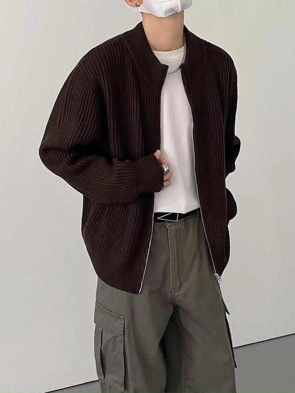 Men's Clothing Simple, Retro Vintage Solid Color Cardigan Sweater For Men, Loose Fit, Zip Up Jacket, Suitable For Spring, Autumn And Winter._viptrois.com