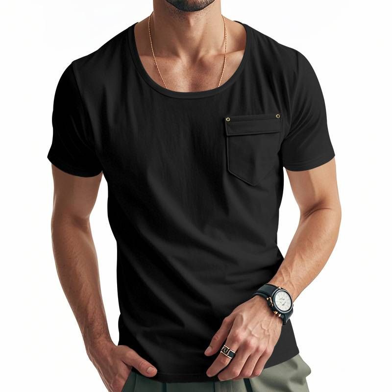 Men's Clothing Retro Slim T Shirt Casual All Match Solid Color Pocket Large U Neck Short Sleeved Shirt_viptrois.com