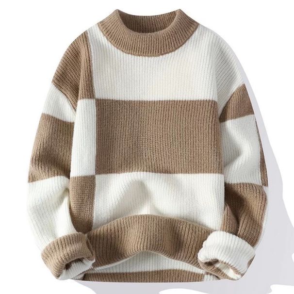 Men's Round-neck Sweater, Winter Color-blocking Casual Thickened Men's Woolen Sweater, New Hong Kong-style Knitted Sweater, Winter Warm Top_viptrois.com