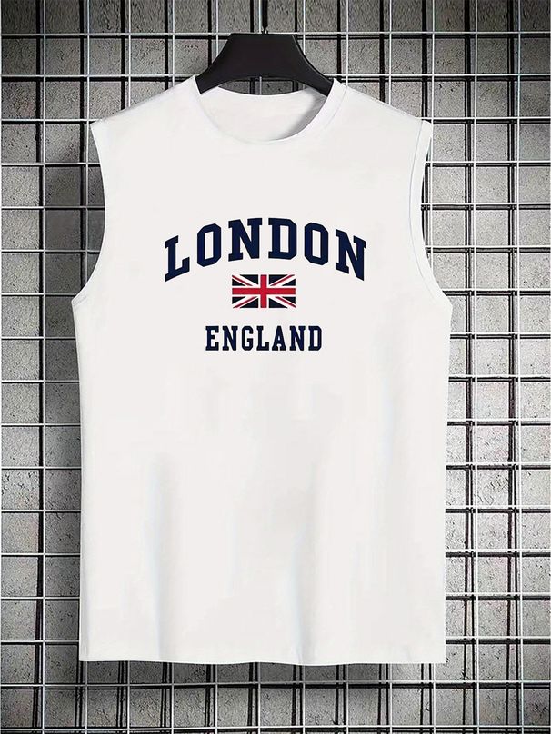 100% Pure Cotton Men's Summer Casual Sports Fitness Loose LONDON Pattern Printed Breathable Round Neck Sleeveless Vest_viptrois.com
