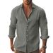 Men's Casual Long Sleeved Shirt Solid Color Lapel Button Down Cotton Beach Top Style New_viptrois.com