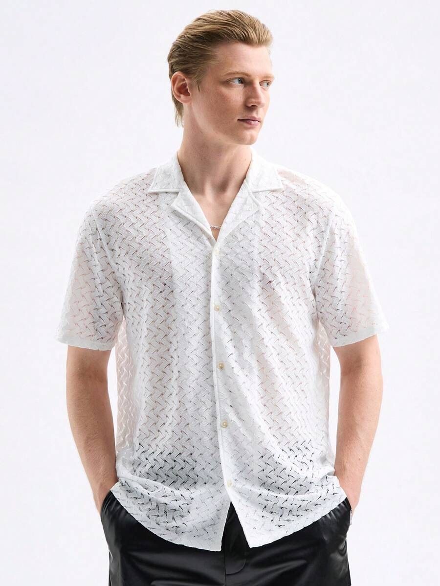 Men's Clothing Knitted Jacquard Translucent Lapel Short Sleeved Light Casual Versatile Fashion Shirt_viptrois.com