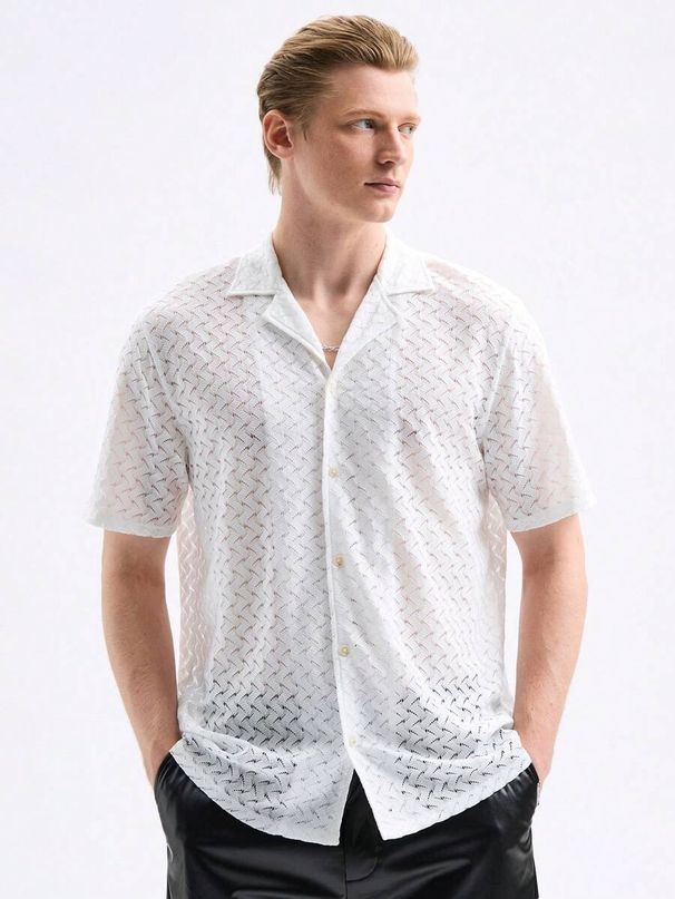 Men's Clothing Knitted Jacquard Translucent Lapel Short Sleeved Light Casual Versatile Fashion Shirt_viptrois.com