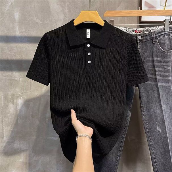 2025 Summer Men's Clothing Solid Color Hollow Ice Silk Short-Sleeved POLO Shirt Men's Slim Fashion Trend Lapel Half-Sleeved T-Shirt Casual Breathable_viptrois.com