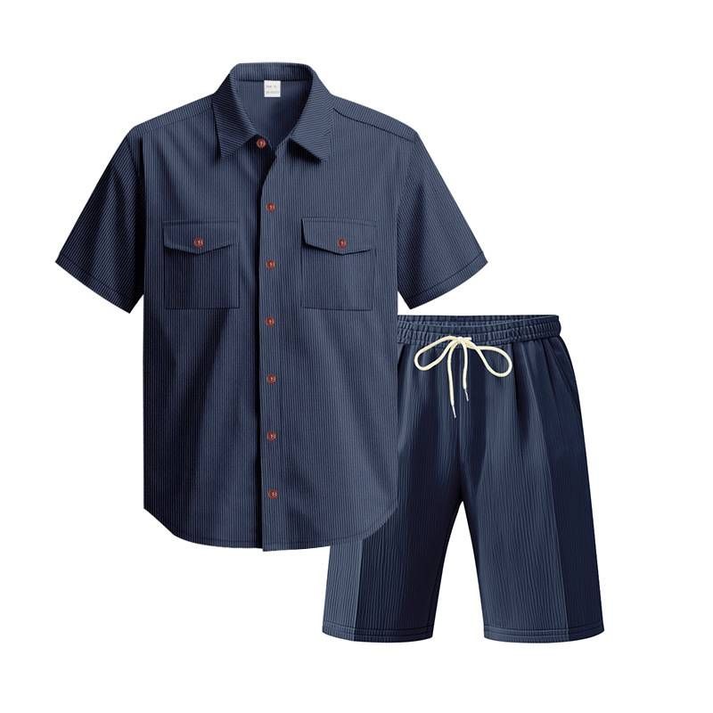 New Summer European And American Casual Corduroy Double Pocket Shirt, Short Sleeves And Shorts Two-piece Set For Men_viptrois.com
