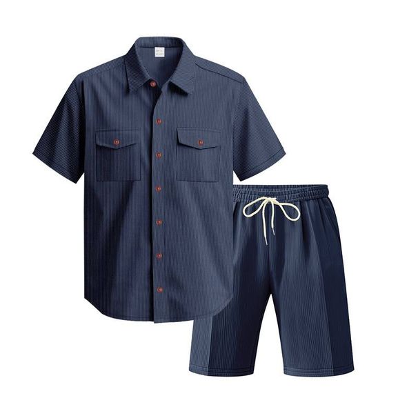 New Summer European And American Casual Corduroy Double Pocket Shirt, Short Sleeves And Shorts Two-piece Set For Men_viptrois.com
