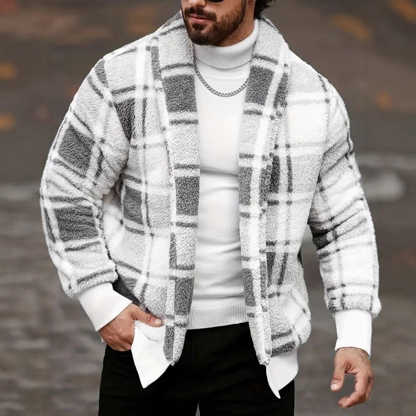 Men's Clothing Men's Checkered Fleece Cardigan Jacket - Autumn Winter Casual Outerwear With Ribbed Hem, Slim Fit Long Sleeve Coat For Street Style_viptrois.com