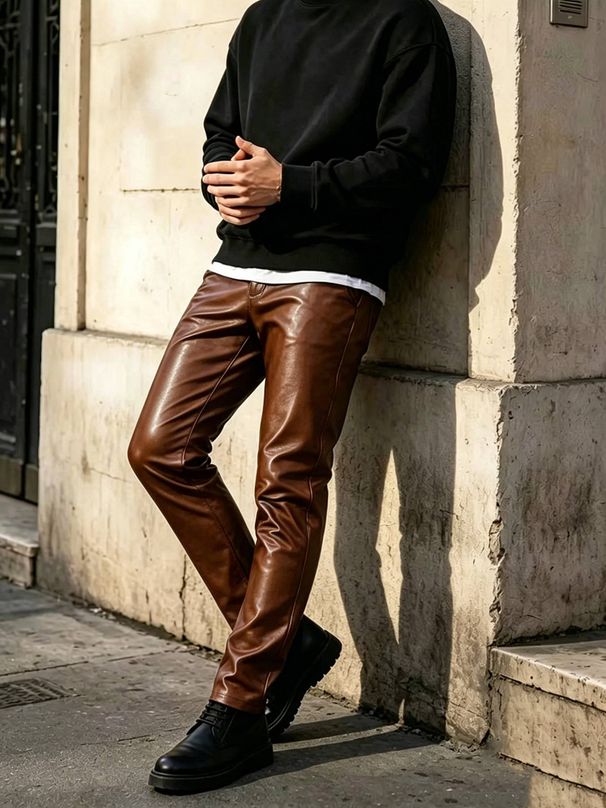 Men's Clothing Slim Fit PU Leather Pants High Street Casual Motorcycle Trendy Bottoms_viptrois.com
