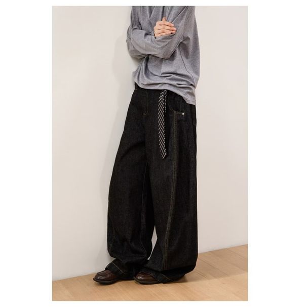 Men's American Style Black Curved Wide Leg Denim Jeans Trendy Loose Fit High End Feel Straight Leg Floor Length Trousers for Spring And Autumn_viptrois.com