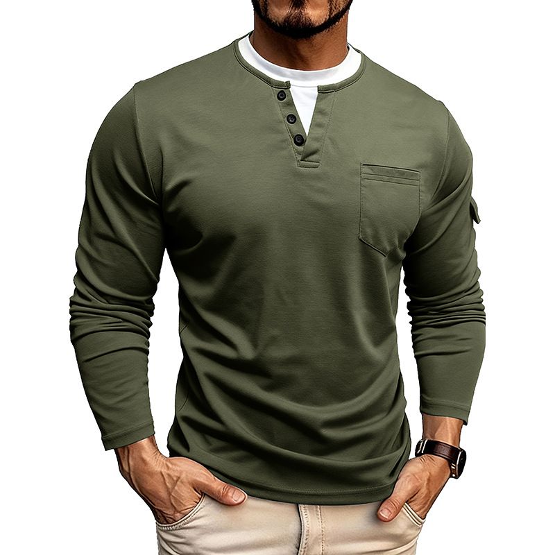 Men’s Layered V-Neck Long Sleeve Tee – Double-Layer Contrast Stitch Thermal Shirt (Grey/Black/Burgundy/Army Green/Blue, S-XXXL)_viptrois.com