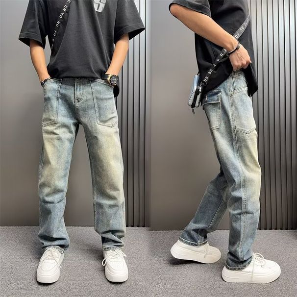 Retro Washed Distressed Denim Jeans High End Men's Spring Summer Trendy Loose Fit Cool And Edgy Wasteland Colored Straight Leg_viptrois.com